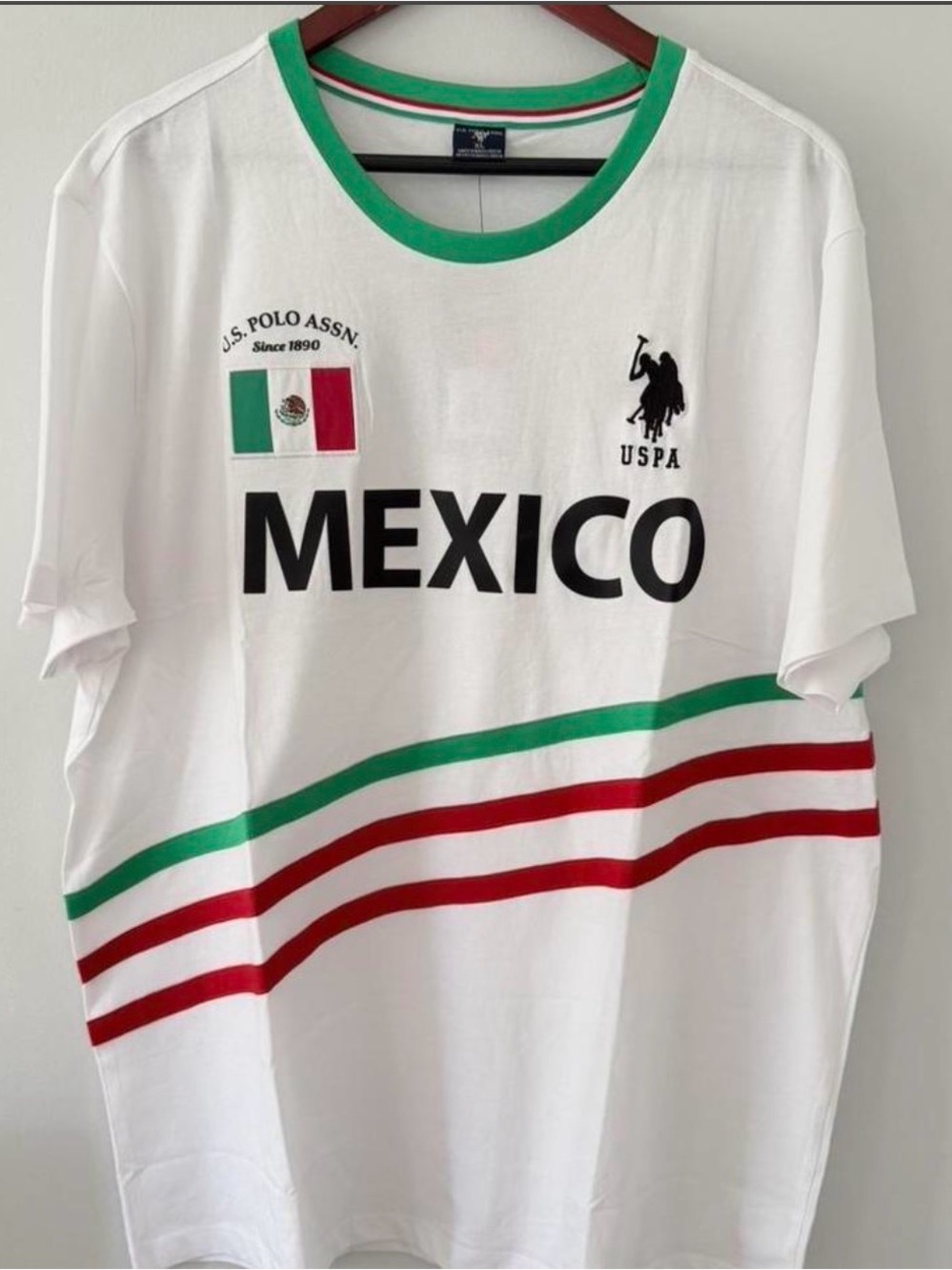U.S. Polo Assn. White Tee with Green & Red Stripes - MEXICO Graphic - Picture 1 of 2